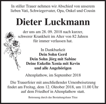 Traueranzeige von Dieter Luckmann  von Magdeburger Volksstimme