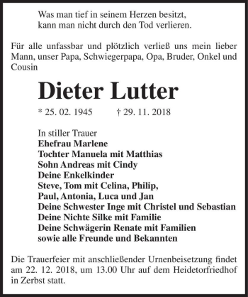Traueranzeige von Dieter Lutter  von Magdeburger Volksstimme