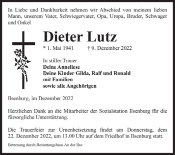 Traueranzeige von Dieter Lutz  von Magdeburger Volksstimme