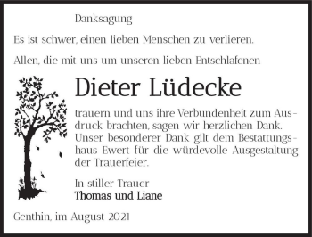 Traueranzeige von Dieter Lüdecke  von Magdeburger Volksstimme