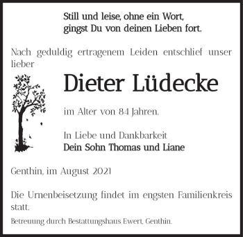 Traueranzeige von Dieter Lüdecke  von Magdeburger Volksstimme