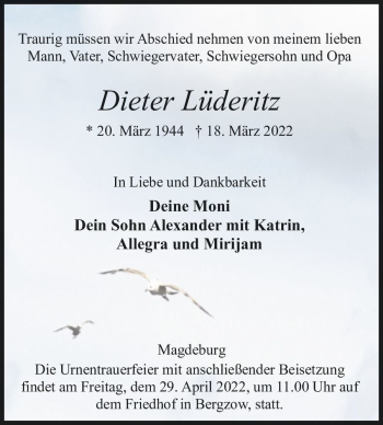 Traueranzeige von Dieter Lüderitz  von Magdeburger Volksstimme