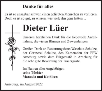 Traueranzeige von Dieter Lüer  von Magdeburger Volksstimme