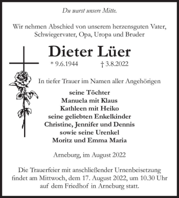 Traueranzeige von Dieter Lüer  von Magdeburger Volksstimme
