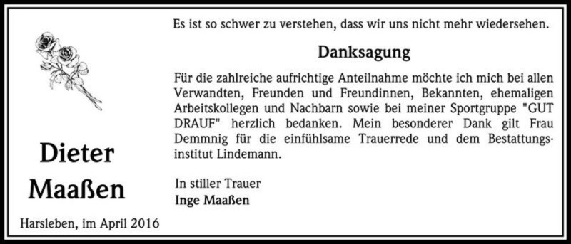  Traueranzeige für Dieter Maaßen  vom 14.05.2016 aus Magdeburger Volksstimme