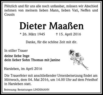 Traueranzeige von Dieter Maaßen  von Magdeburger Volksstimme