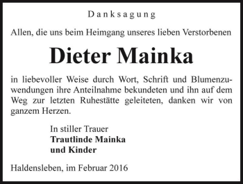 Traueranzeige von Dieter Mainka  von Magdeburger Volksstimme