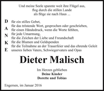 Traueranzeige von Dieter Malisch  von Magdeburger Volksstimme