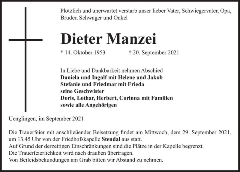  Traueranzeige für Dieter Manzei  vom 25.09.2021 aus Magdeburger Volksstimme