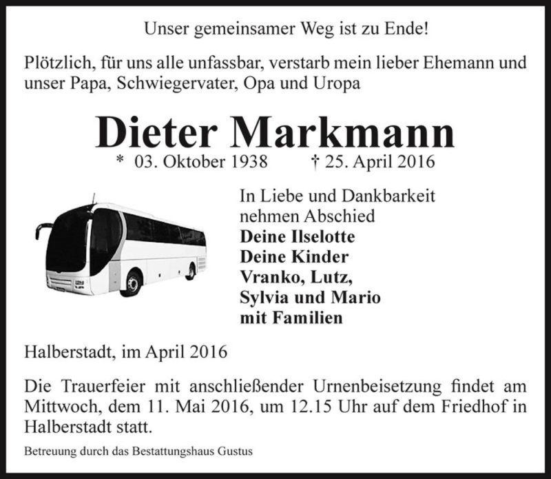  Traueranzeige für Dieter Markmann  vom 30.04.2016 aus Magdeburger Volksstimme
