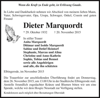 Traueranzeige von Dieter Marquordt  von Magdeburger Volksstimme