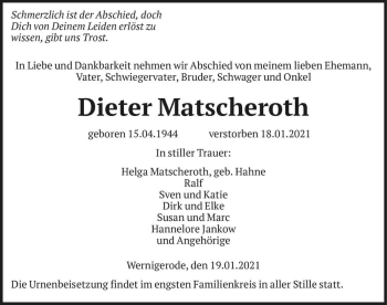 Traueranzeige von Dieter Matscheroth  von Magdeburger Volksstimme