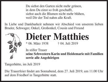 Traueranzeige von Dieter Matthies  von Magdeburger Volksstimme