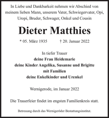 Traueranzeige von Dieter Matthies  von Magdeburger Volksstimme