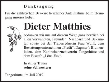 Traueranzeige von Dieter Matthies  von Magdeburger Volksstimme