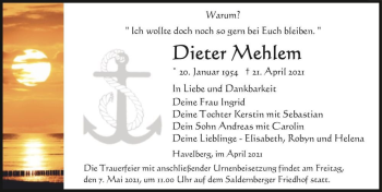 Traueranzeige von Dieter Mehlem  von Magdeburger Volksstimme