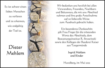 Traueranzeige von Dieter Mehlem  von Magdeburger Volksstimme
