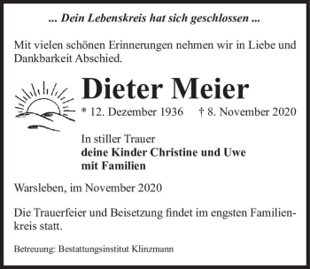 Traueranzeige von Dieter Meier  von Magdeburger Volksstimme