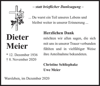 Traueranzeige von Dieter Meier  von Magdeburger Volksstimme