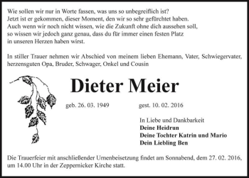 Traueranzeige von Dieter Meier  von Magdeburger Volksstimme