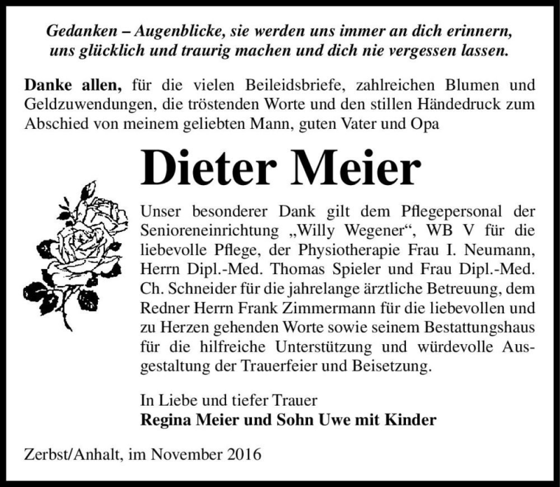  Traueranzeige für Dieter Meier  vom 05.11.2016 aus Magdeburger Volksstimme