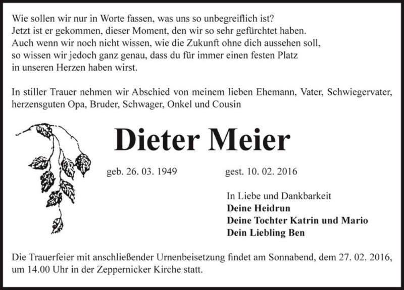  Traueranzeige für Dieter Meier  vom 20.02.2016 aus Magdeburger Volksstimme