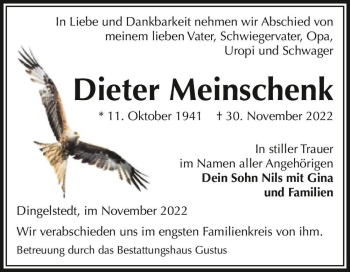 Traueranzeige von Dieter Meinschenk  von Magdeburger Volksstimme