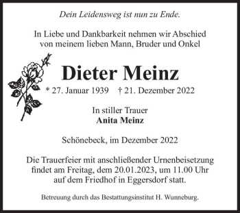 Traueranzeige von Dieter Meinz  von Magdeburger Volksstimme