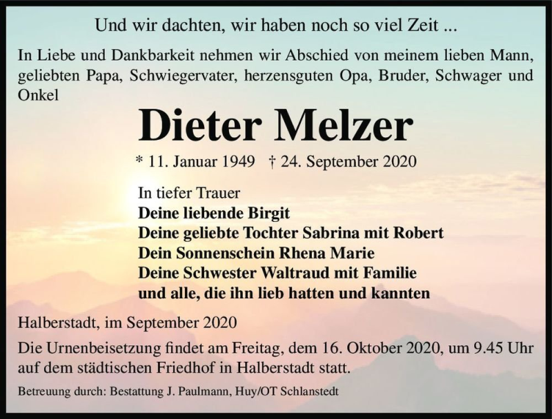  Traueranzeige für Dieter Melzer  vom 26.09.2020 aus Magdeburger Volksstimme