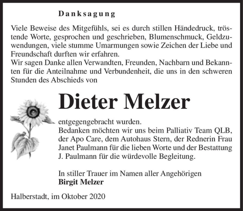  Traueranzeige für Dieter Melzer  vom 24.10.2020 aus Magdeburger Volksstimme