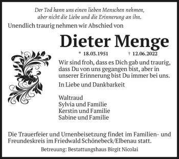 Traueranzeige von Dieter Menge  von Magdeburger Volksstimme