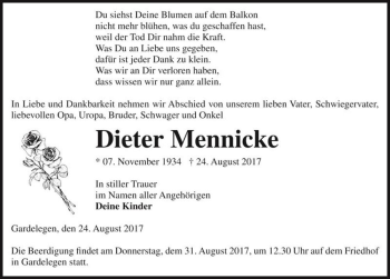 Traueranzeige von Dieter Mennicke  von Magdeburger Volksstimme