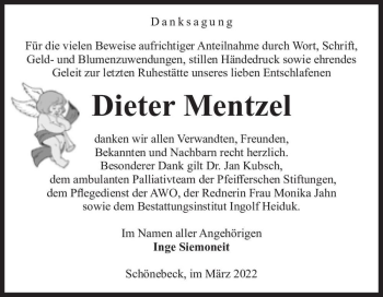 Traueranzeige von Dieter Mentzel  von Magdeburger Volksstimme