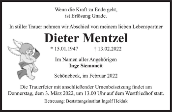 Traueranzeige von Dieter Mentzel  von Magdeburger Volksstimme