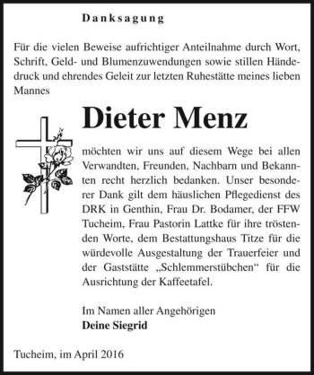 Traueranzeige von Dieter Menz  von Magdeburger Volksstimme