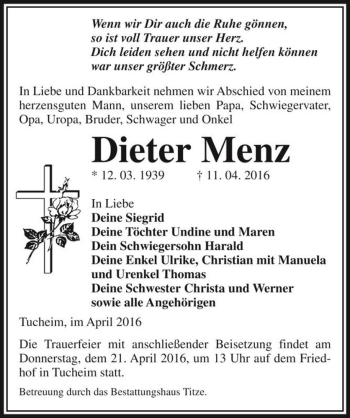 Traueranzeige von Dieter Menz  von Magdeburger Volksstimme