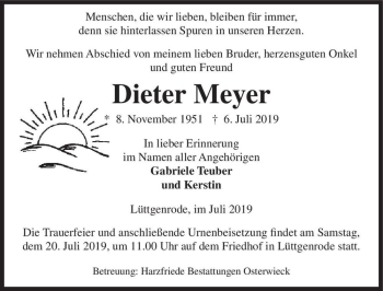 Traueranzeige von Dieter Meyer  von Magdeburger Volksstimme