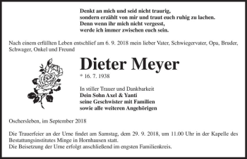 Traueranzeige von Dieter Meyer  von Magdeburger Volksstimme