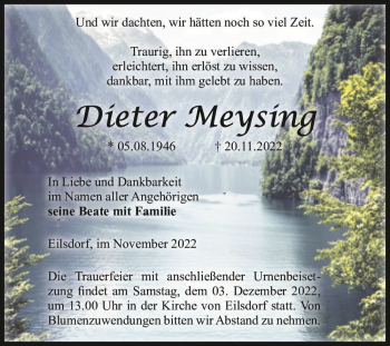 Traueranzeige von Dieter Meysing  von Magdeburger Volksstimme