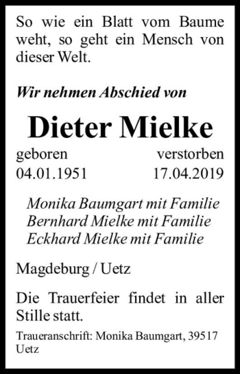 Traueranzeige von Dieter Mielke  von Magdeburger Volksstimme