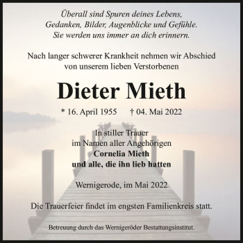 Traueranzeige von Dieter Mieth  von Magdeburger Volksstimme