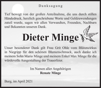 Traueranzeige von Dieter Minge  von Magdeburger Volksstimme