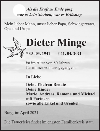 Traueranzeige von Dieter Minge  von Magdeburger Volksstimme