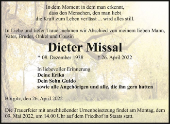 Traueranzeige von Dieter Missal  von Magdeburger Volksstimme