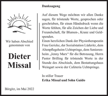 Traueranzeige von Dieter Missal  von Magdeburger Volksstimme