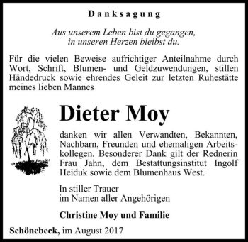 Traueranzeige von Dieter Moy  von Magdeburger Volksstimme