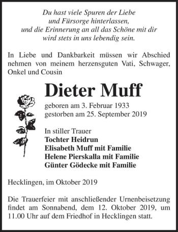 Traueranzeige von Dieter Muff  von Magdeburger Volksstimme