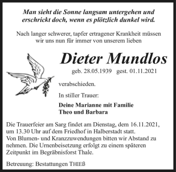 Traueranzeige von Dieter Mundlos  von Magdeburger Volksstimme