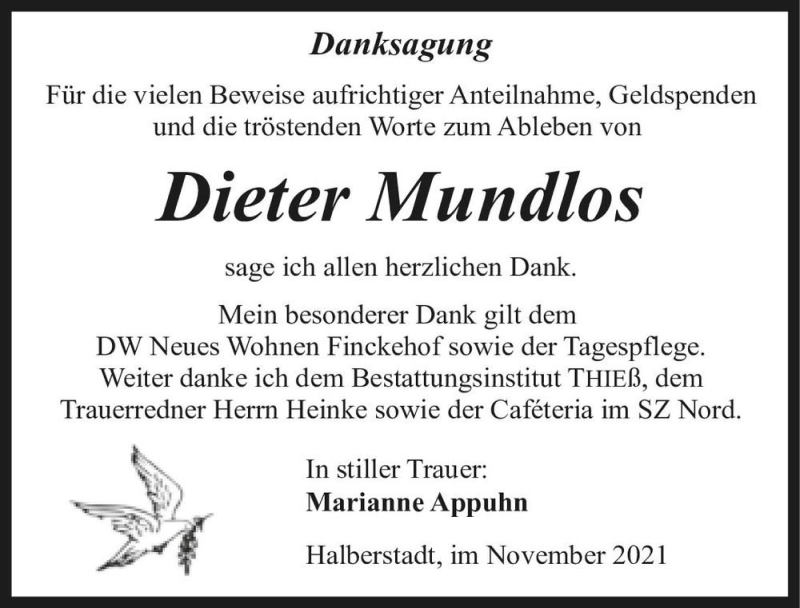  Traueranzeige für Dieter Mundlos  vom 04.12.2021 aus Magdeburger Volksstimme