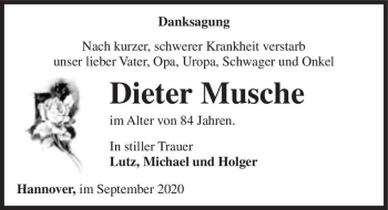 Traueranzeige von Dieter Musche  von Magdeburger Volksstimme